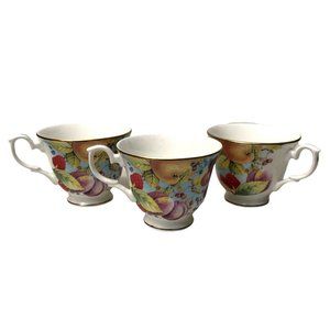 Duchess Fine English Bone China Fruit Pattern Gold Trim Tea Cups 3 Piece Art